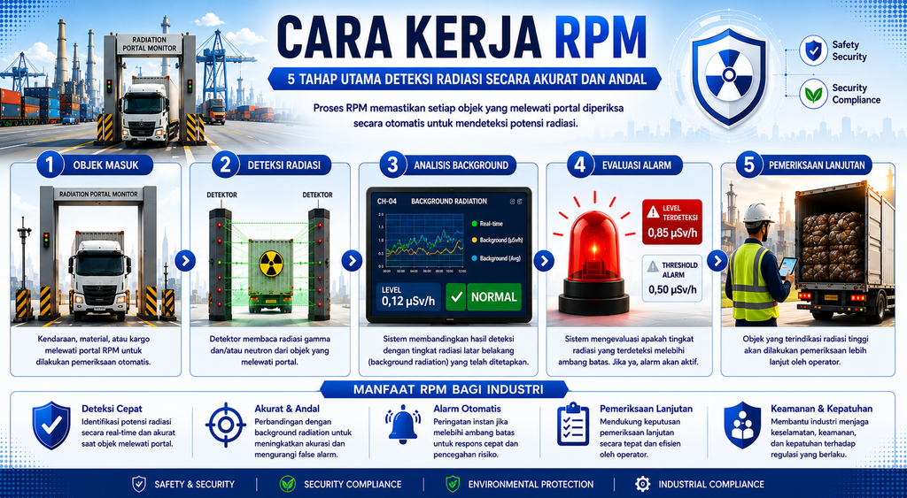 Cara kerja RPM Radiation Portal Monitor dalam mendeteksi radiasi