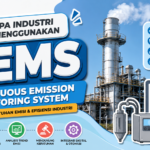 Ilustrasi Continuous Emission Monitoring System (CEMS) untuk industri yang menampilkan pemantauan emisi secara real-time melalui sistem monitoring emisi pada cerobong industri.