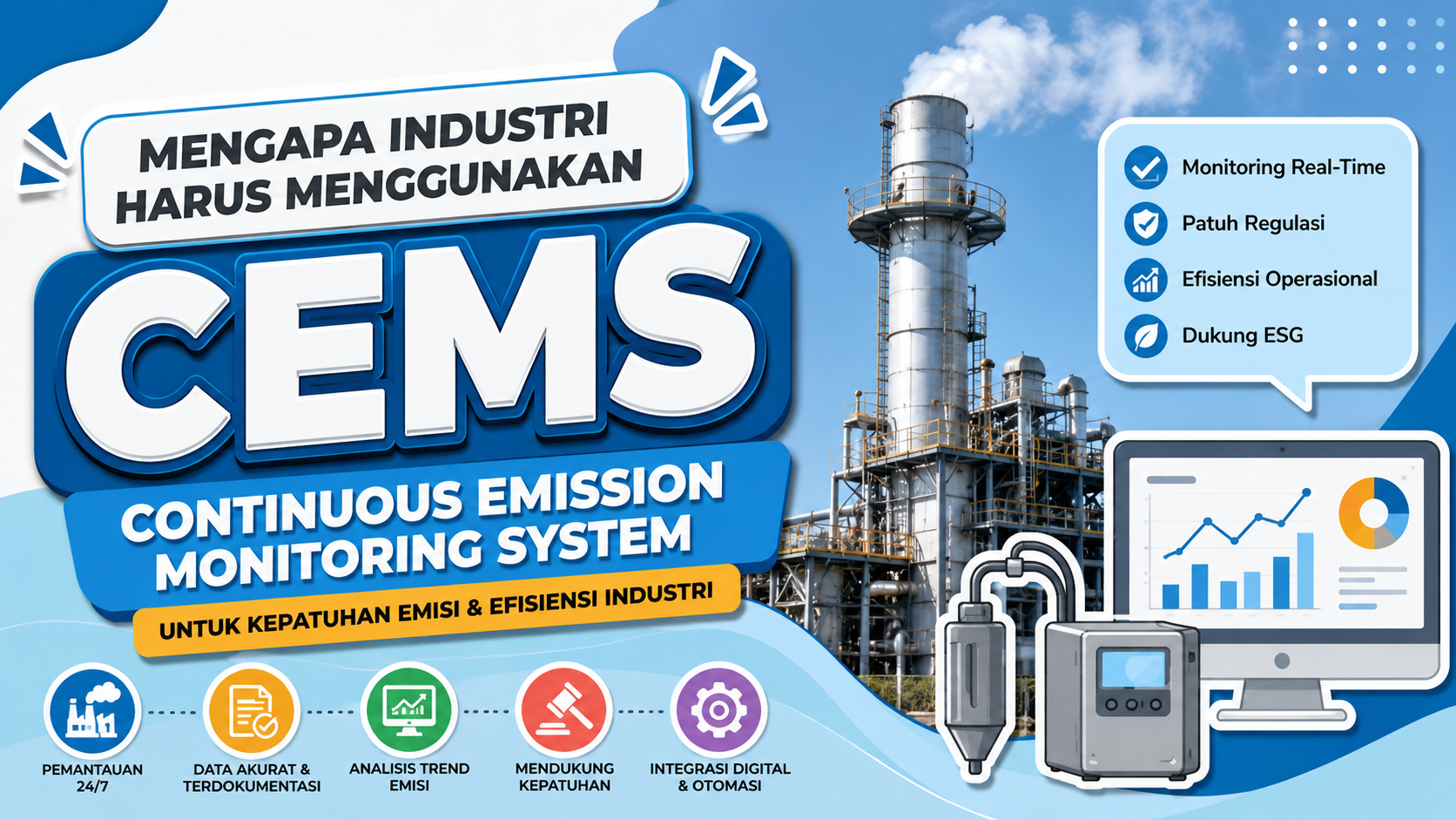 Ilustrasi Continuous Emission Monitoring System (CEMS) untuk industri yang menampilkan pemantauan emisi secara real-time melalui sistem monitoring emisi pada cerobong industri.