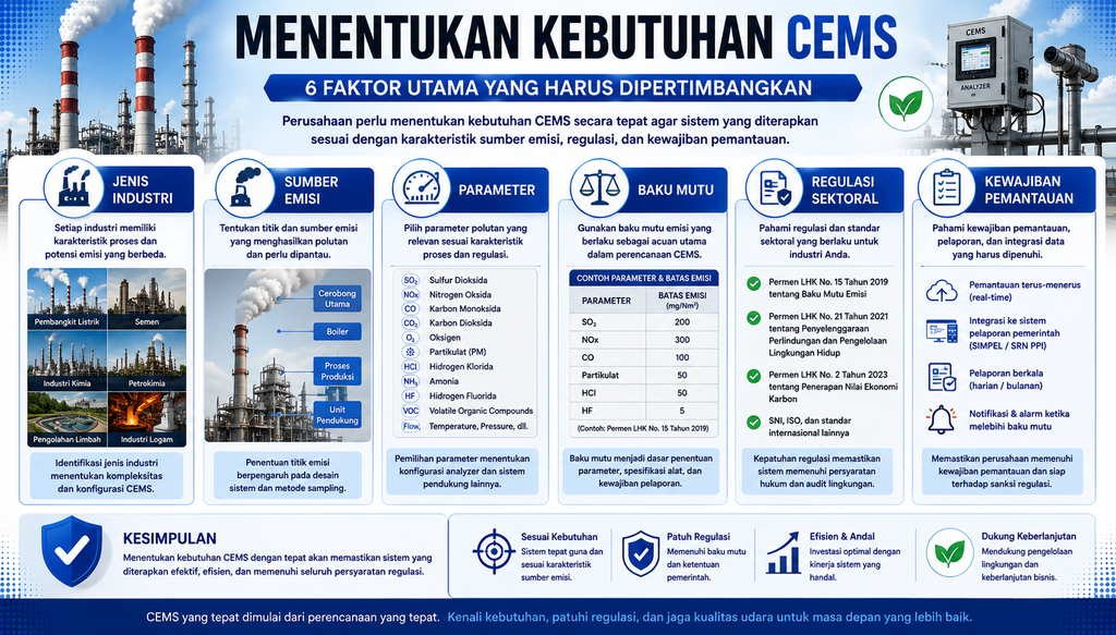 Faktor yang menentukan kebutuhan CEMS berdasarkan jenis industri, sumber emisi, parameter, baku mutu, regulasi sektoral, dan kewajiban pemantauan