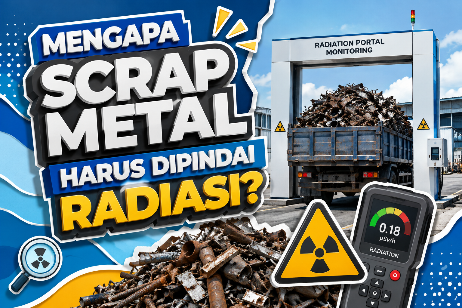 Truk bermuatan scrap metal melewati Radiation Portal Monitoring (RPM) untuk pemeriksaan radiasi sebelum memasuki fasilitas industri.
