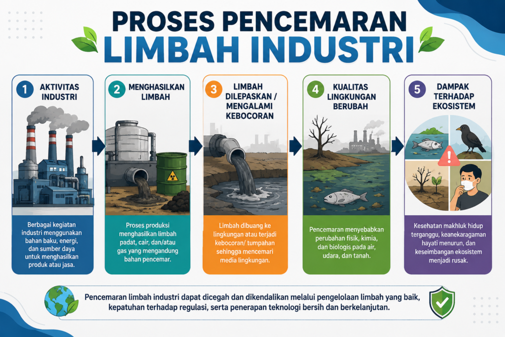Infografis proses pencemaran limbah industri dari aktivitas industri hingga dampak terhadap ekosistem