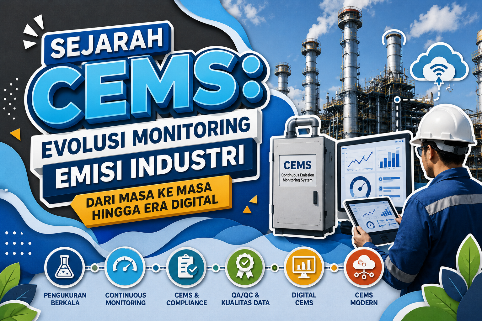 Infografis sejarah CEMS dan evolusi monitoring emisi industri dari pengukuran berkala hingga era digital