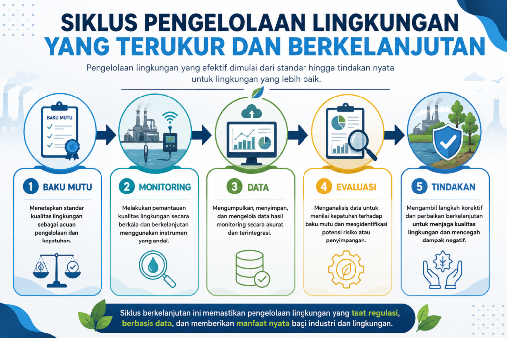 Siklus pengelolaan lingkungan berkelanjutan melalui baku mutu, monitoring, data, evaluasi, dan tindakan