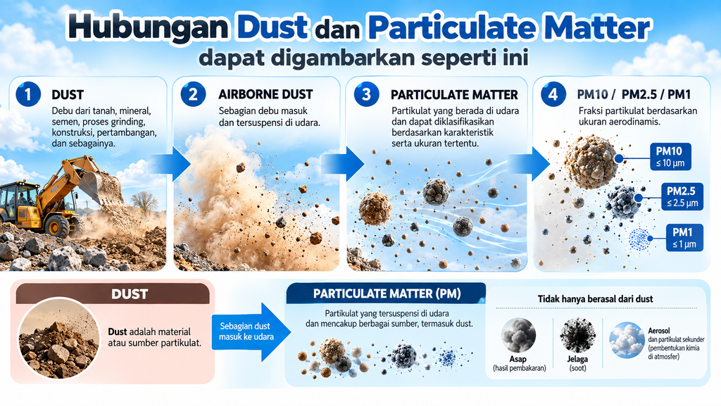 Flowchart hubungan dust, airborne dust, dan particulate matter PM10 PM2.5 PM1