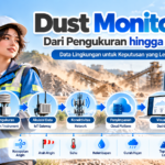 Insinyur lingkungan memantau debu di area industri dengan sistem dust monitoring, alur data IoT, dashboard analitik, dan parameter kualitas udara.