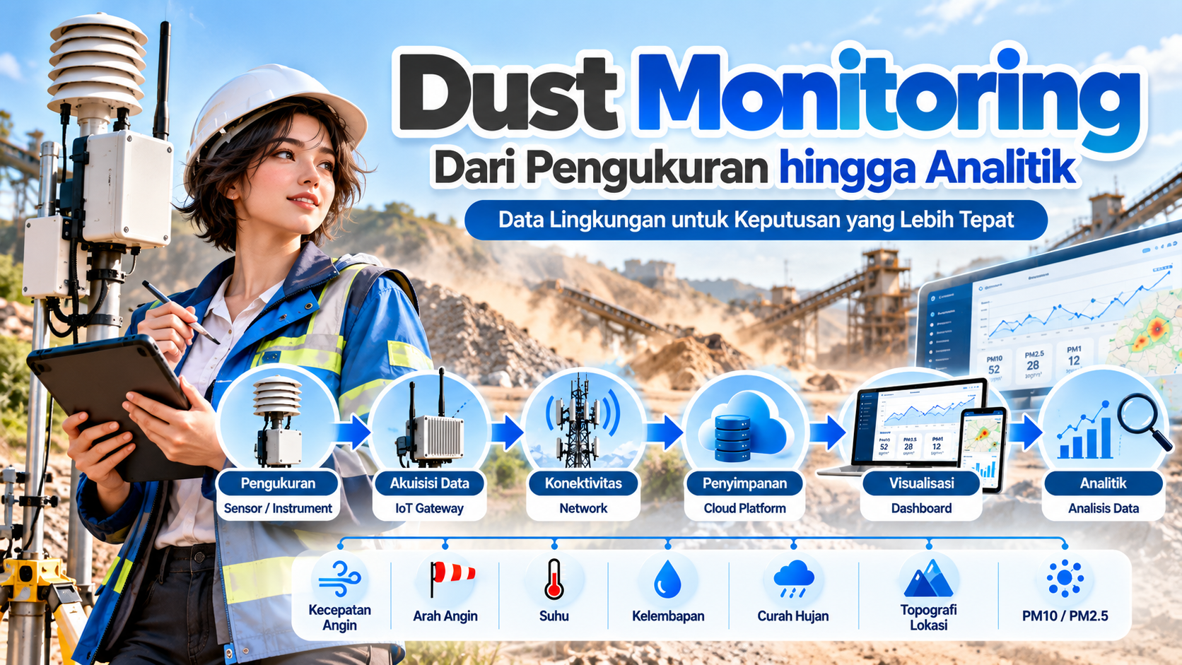 dust-monitoring-pengukuran-data-analitik Insinyur lingkungan memantau debu di area industri dengan sistem dust monitoring, alur data IoT, dashboard analitik, dan parameter kualitas udara.