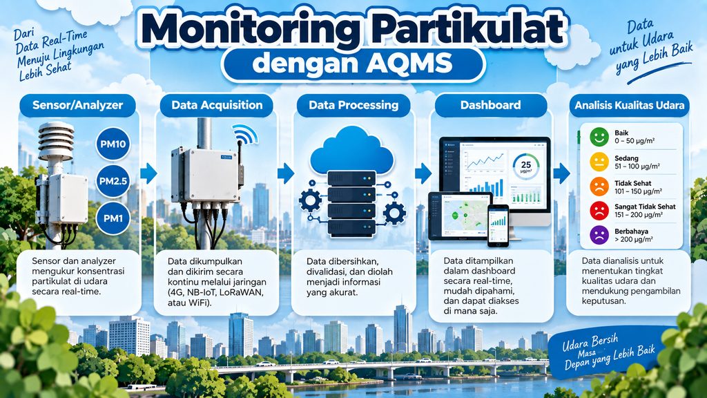 Alur monitoring partikulat dengan AQMS dari sensor analyzer hingga analisis kualitas udara