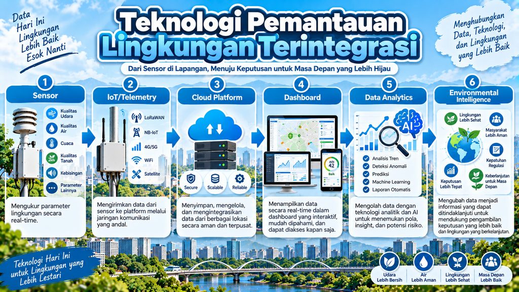 Alur teknologi pemantauan lingkungan terintegrasi dari sensor IoT telemetry cloud dashboard hingga environmental intelligence
