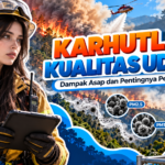 Ilustrasi dampak karhutla terhadap kualitas udara dengan petugas pemadam kebakaran hutan dan alat pemantau kualitas udara.