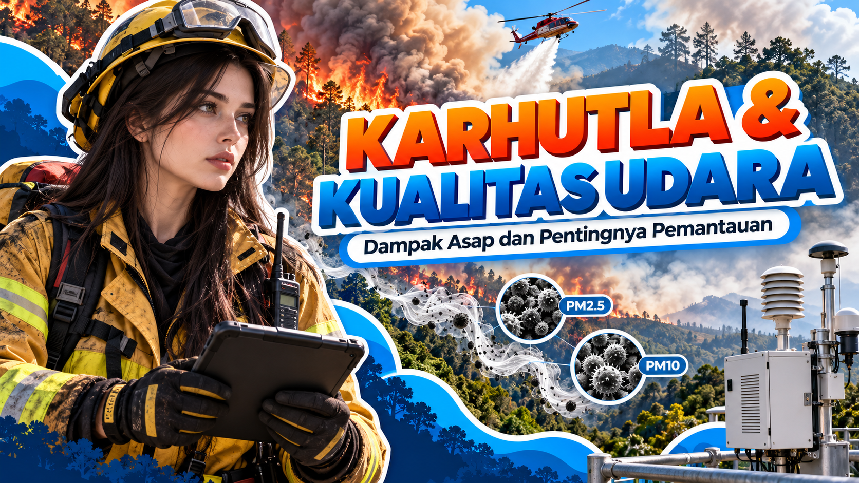Ilustrasi dampak karhutla terhadap kualitas udara dengan petugas pemadam kebakaran hutan dan alat pemantau kualitas udara.