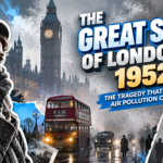 Ilustrasi historis Great Smog of London 1952 yang menggambarkan kabut polusi, bus merah klasik, dan warga London.