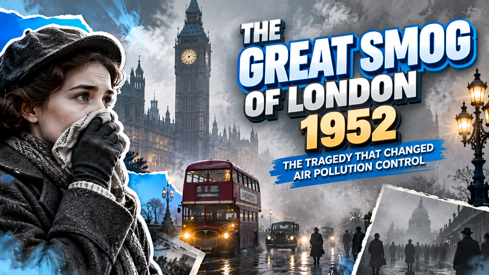 Ilustrasi historis Great Smog of London 1952 yang menggambarkan kabut polusi, bus merah klasik, dan warga London.