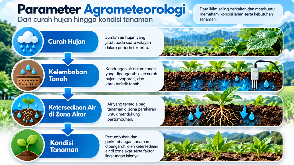 Flowchart hubungan curah hujan, kelembaban tanah, ketersediaan air zona akar, dan kondisi tanaman