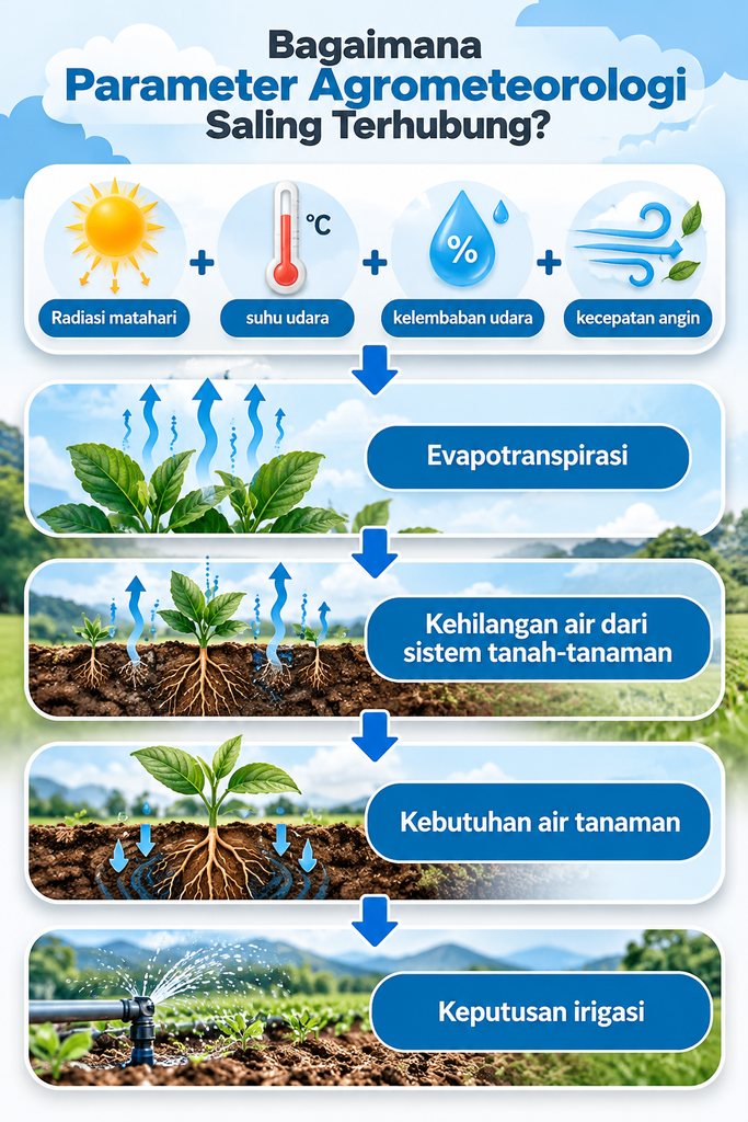 Flowchart hubungan parameter agrometeorologi dari kondisi cuaca hingga keputusan irigasi