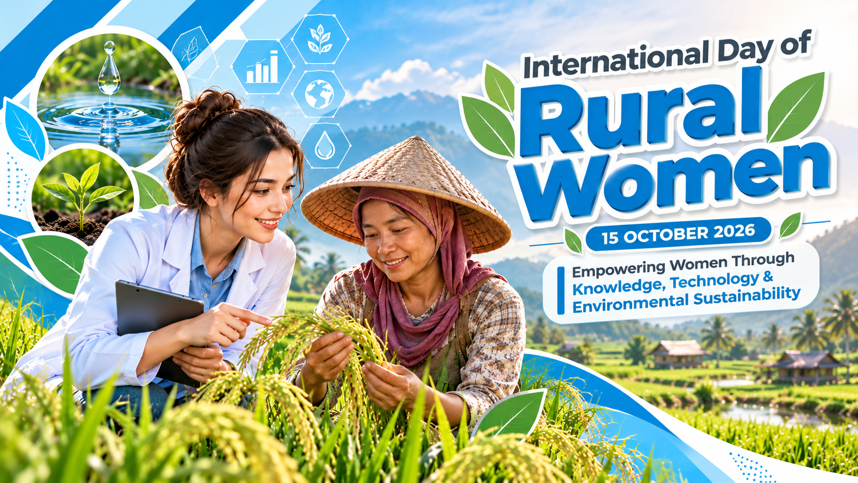 international-day-of-rural-women-2026-envilife Ilustrasi seorang ahli pertanian yang berkolaborasi dengan seorang petani perempuan untuk mendorong pertanian berkelanjutan dan meningkatkan kesadaran lingkungan dalam rangka Hari Perempuan Pedesaan Internasional 2026.